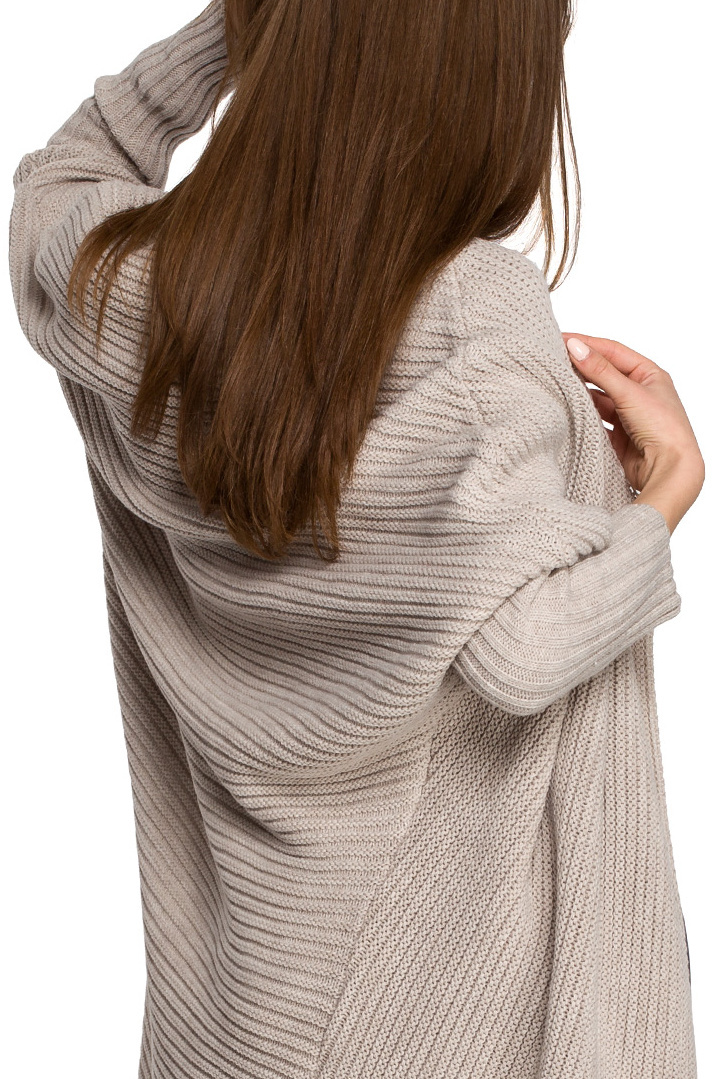 Długi kardigan damski oversize bez zapięcia splot prążek beżowy S269 Długi kardigan damski oversize bez zapięcia splot prążek beżowy S269