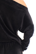 Bluza damska welurowa z lampasami dekolt w łódkę czarna A408