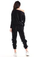 Spodnie damskie welurowe dresowe z lampasami i gumką czarne A409