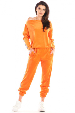 Spodnie damskie welurowe dresowe z lampasami i gumką pomarańczowe A409