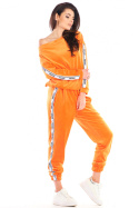 Spodnie damskie welurowe dresowe z lampasami i gumką pomarańczowe A409