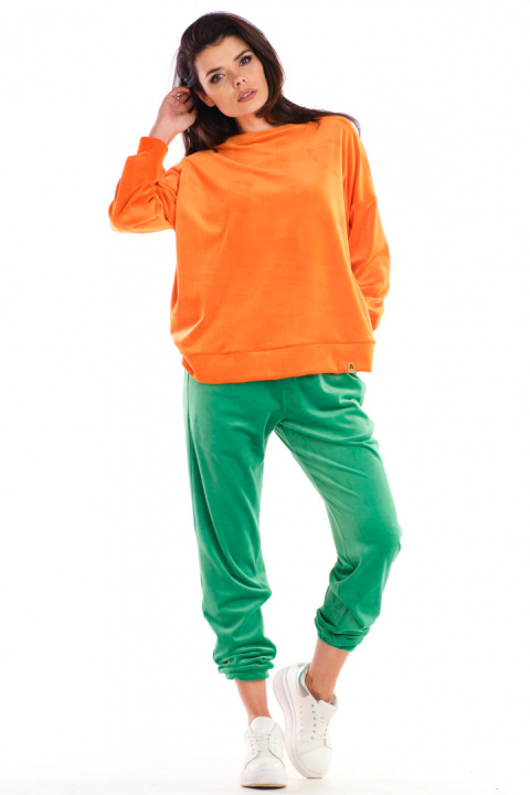 Bluza damska oversize welurowa dresowa ze ściągaczem pomarańczowa A410 Bluza damska oversize welurowa dresowa ze ściągaczem pomarańczowa A410
