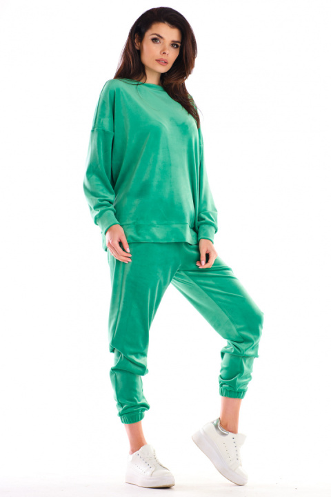 Bluza damska oversize welurowa dresowa ze ściągaczem zielona A410 Bluza damska oversize welurowa dresowa ze ściągaczem zielona A410