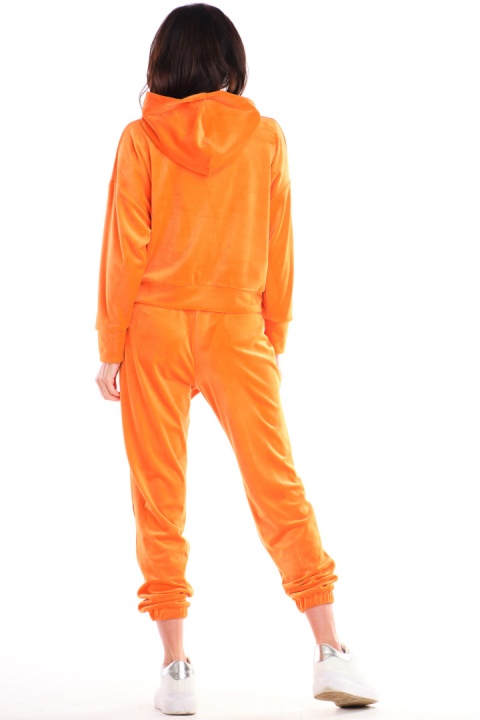 Bluza damska welurowa kangurka z kapturem luźna pomarańczowa A412 Bluza damska welurowa kangurka z kapturem luźna pomarańczowa A412