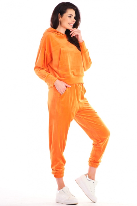 Bluza damska welurowa kangurka z kapturem luźna pomarańczowa A412 Bluza damska welurowa kangurka z kapturem luźna pomarańczowa A412