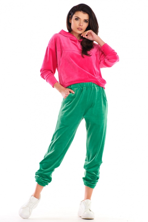 Bluza damska welurowa kangurka z kapturem luźna różowa A412 Bluza damska welurowa kangurka z kapturem luźna różowa A412