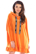 Bluza damska welurowa oversize z kapturem luźna pomarańczowa A419