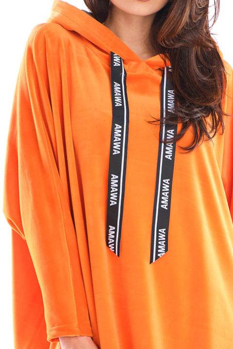 Bluza damska welurowa oversize z kapturem luźna pomarańczowa A419 Bluza damska welurowa oversize z kapturem luźna pomarańczowa A419