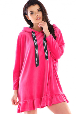 Bluza damska welurowa oversize z kapturem luźna różowa A419