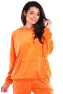 Bluza damska welurowa luźna z kapturem i kieszenią pomarańczowa A420