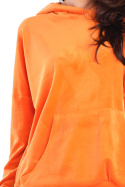 Bluza damska welurowa luźna z kapturem i kieszenią pomarańczowa A420