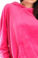 Bluza damska welurowa luźna z kapturem i kieszenią różowa A420
