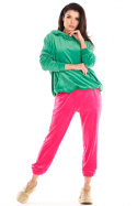 Bluza damska welurowa luźna z kapturem i kieszenią zielona A420