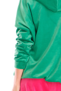 Bluza damska welurowa luźna z kapturem i kieszenią zielona A420