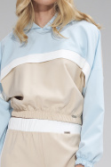Krótka bluza damska z kapturem lampasem i gumą beżowy/niebieski M757