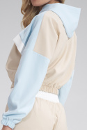 Krótka bluza damska z kapturem lampasem i gumą beżowy/niebieski M757