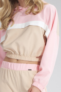 Krótka bluza damska z kapturem lampasem i gumą beżowy/różowy M757