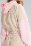 Krótka bluza damska z kapturem lampasem i gumą beżowy/różowy M757