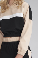 Krótka bluza damska z kapturem lampasem i gumą czarny/beżowy M757