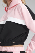 Krótka bluza damska z kapturem lampasem i gumą czarny/różowy M757
