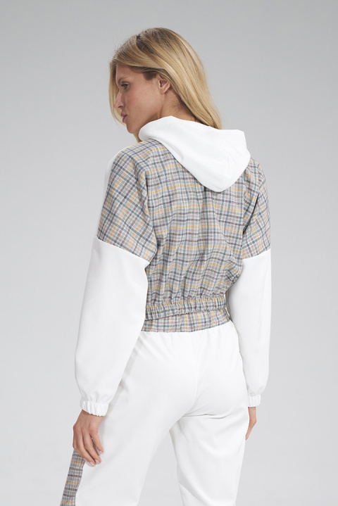 Krótka bluza damska z kapturem lampasem i gumą ecru W121 M757 Krótka bluza damska z kapturem lampasem i gumą ecru W121 M757