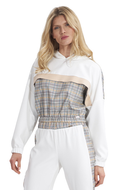 Krótka bluza damska z kapturem lampasem i gumą ecru W121 M757 Krótka bluza damska z kapturem lampasem i gumą ecru W121 M757