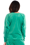 Bluza damska welurowa luźna dekolt V długi rękaw zielona A417