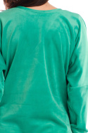 Bluza damska welurowa luźna dekolt V długi rękaw zielona A417