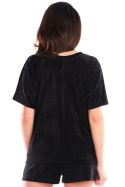 Koszulka damska top z weluru z krótkim rękawem dekolt V czarna A416