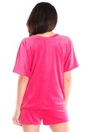 Koszulka damska top z weluru z krótkim rękawem dekolt V różowa A416