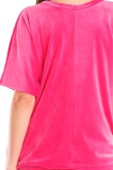 Koszulka damska top z weluru z krótkim rękawem dekolt V różowa A416