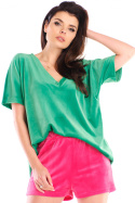 Koszulka damska top z weluru z krótkim rękawem dekolt V zielona A416
