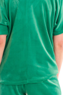 Koszulka damska top z weluru z krótkim rękawem dekolt V zielona A416