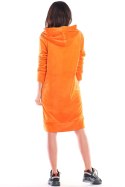Sukienka midi welurowa z kapturem i długim rękawem pomarańczowa A414