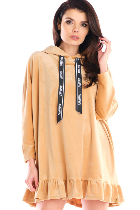 Bluza damska welurowa oversize z kapturem luźna beżowa A419 Bluza damska welurowa oversize z kapturem luźna beżowa A419