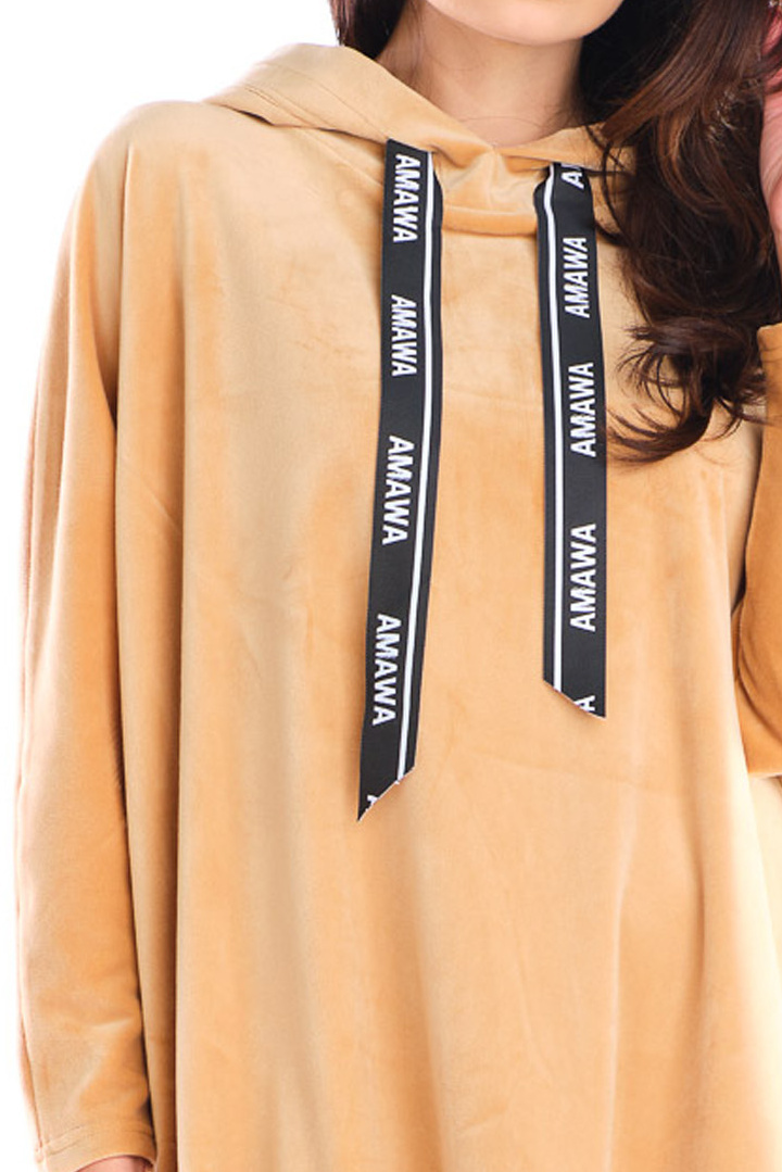 Bluza damska welurowa oversize z kapturem luźna beżowa A419 Bluza damska welurowa oversize z kapturem luźna beżowa A419