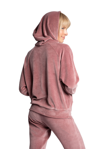 Bluza damska welurowa z kapturem i kieszenią kangurek brudny róż LA013 Bluza damska welurowa z kapturem i kieszenią kangurek brudny róż LA013