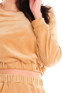 Krótka bluza damska welurowa dresowa miękka z gumką beżowa A421
