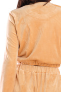 Krótka bluza damska welurowa dresowa miękka z gumką beżowa A421
