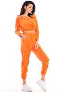 Krótka bluza damska welurowa dresowa miękka z gumką pomarańczowa A421