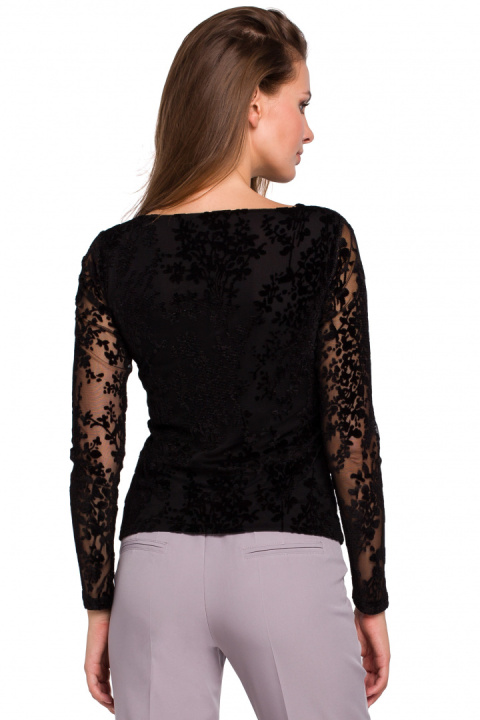 Elegancka bluzka damska koronkowa dopasowana długi rękaw czarna K024 Elegancka bluzka damska koronkowa dopasowana długi rękaw czarna K024
