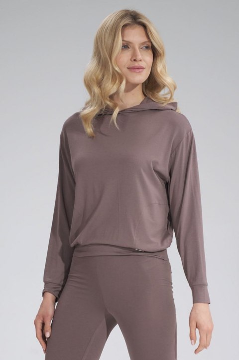 Bluza damska cienka z wiskozy z kapturem i kieszeniami brązowa M770 Bluza damska cienka z wiskozy z kapturem i kieszeniami brązowa M770