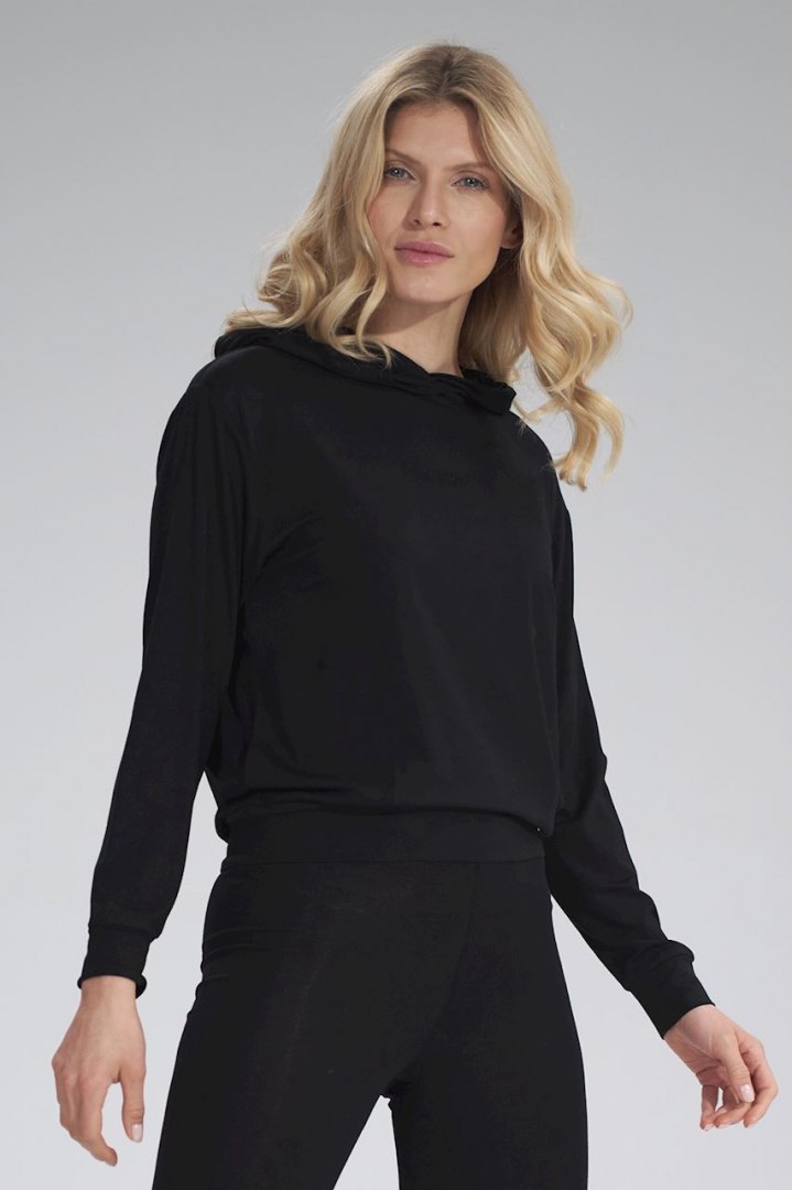 Bluza damska cienka z wiskozy z kapturem i kieszeniami czarna M770 Bluza damska cienka z wiskozy z kapturem i kieszeniami czarna M770
