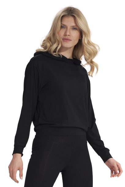 Bluza damska cienka z wiskozy z kapturem i kieszeniami czarna M770 Bluza damska cienka z wiskozy z kapturem i kieszeniami czarna M770
