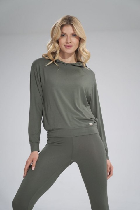 Bluza damska cienka z wiskozy z kapturem i kieszeniami oliwkowa M770 Bluza damska cienka z wiskozy z kapturem i kieszeniami oliwkowa M770