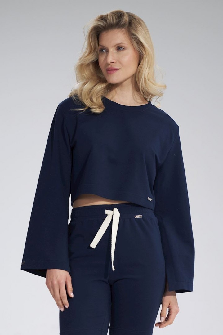 Bluza damska krótka z rozciętym rękawem bawełniana granatowa M774 Bluza damska krótka z rozciętym rękawem bawełniana granatowa M774