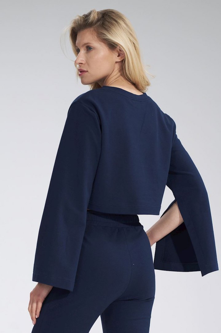 Bluza damska krótka z rozciętym rękawem bawełniana granatowa M774 Bluza damska krótka z rozciętym rękawem bawełniana granatowa M774