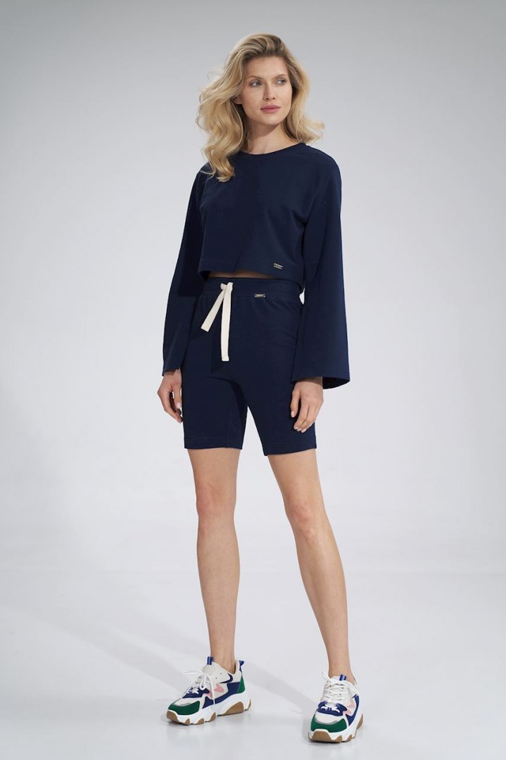Bluza damska krótka z rozciętym rękawem bawełniana granatowa M774 Bluza damska krótka z rozciętym rękawem bawełniana granatowa M774