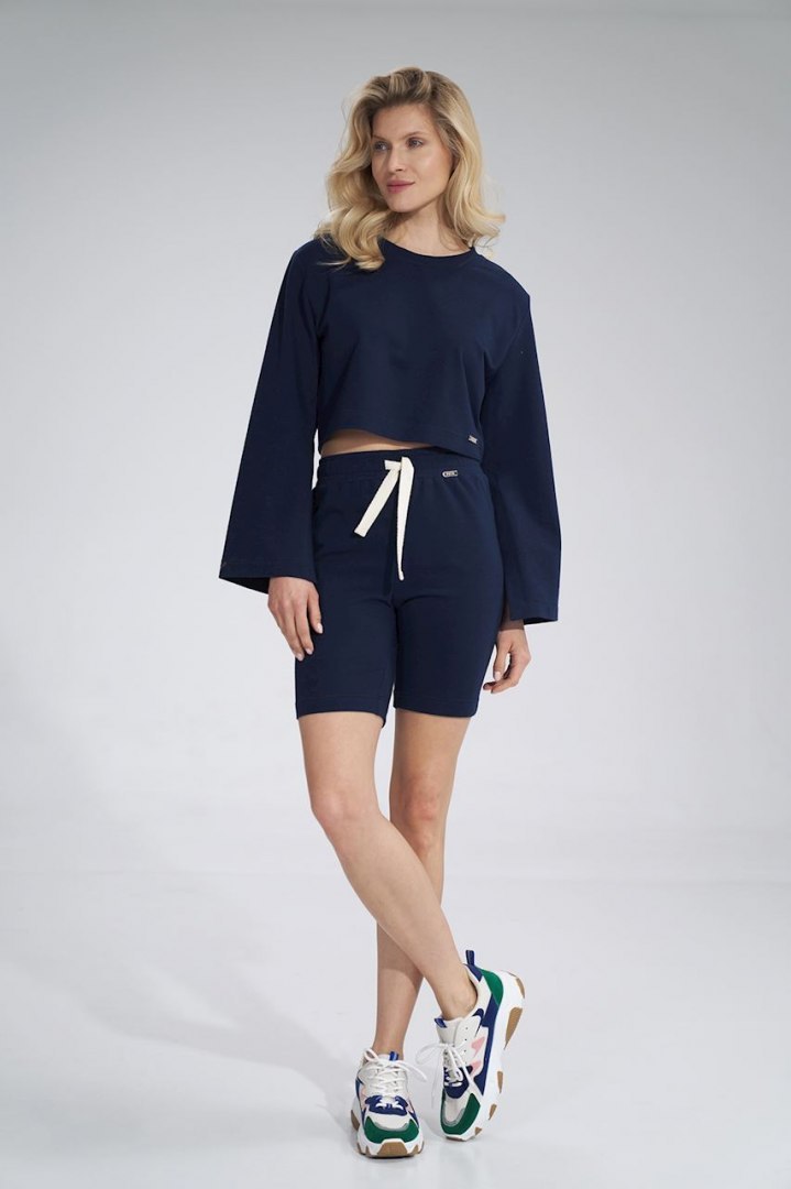 Bluza damska krótka z rozciętym rękawem bawełniana granatowa M774 Bluza damska krótka z rozciętym rękawem bawełniana granatowa M774