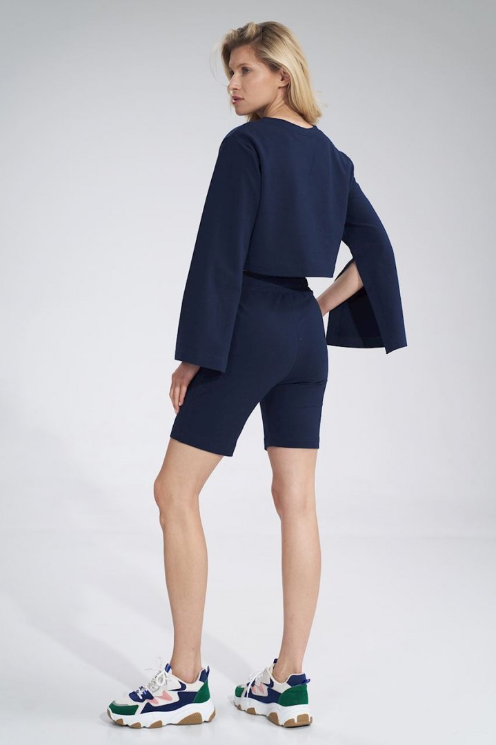 Bluza damska krótka z rozciętym rękawem bawełniana granatowa M774 Bluza damska krótka z rozciętym rękawem bawełniana granatowa M774